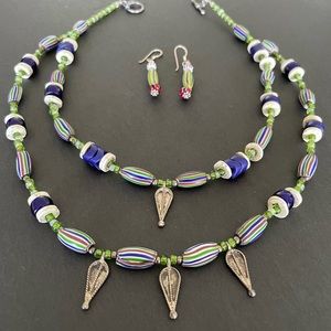 African Double Layered Beaded Necklace with Sterling Silver Spacers